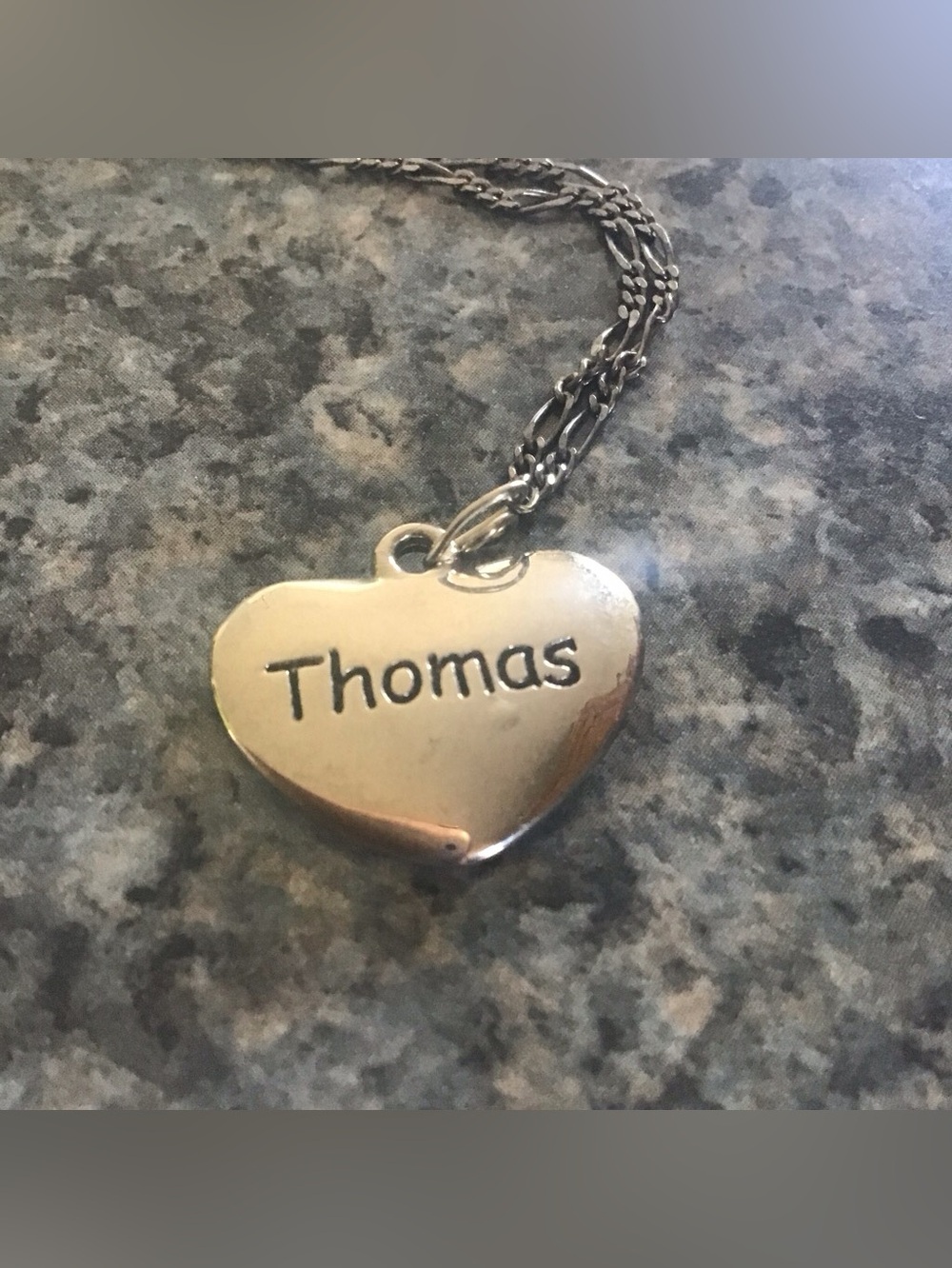 Silver tone Sweetheart heart locket style necklace with engraved name 'Thomas'